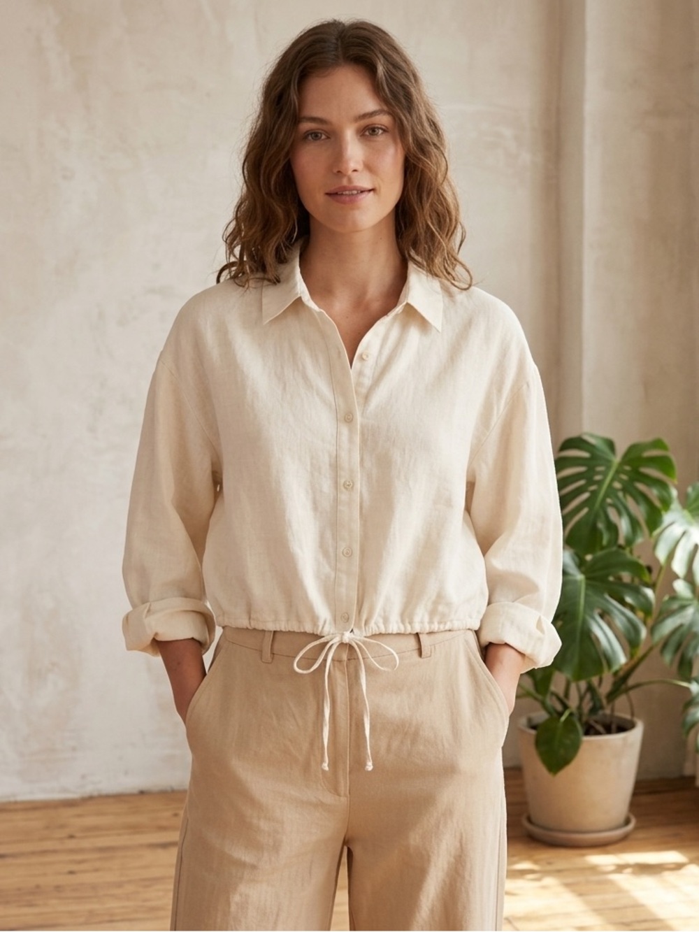 DREW Anthropologie beige Button Down Cotton Shirt with tie front, size large